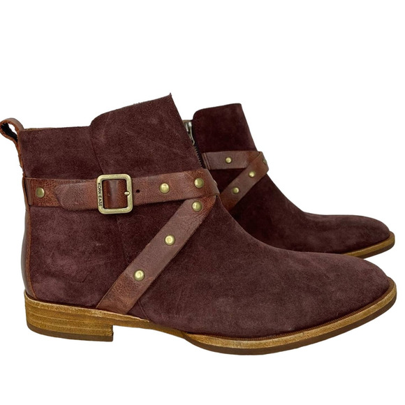 New Kork-Ease Ankle Boots Burgundy Brown Suede Buckle Strap Flat Bootie Size 6.5 - Picture 1 of 10